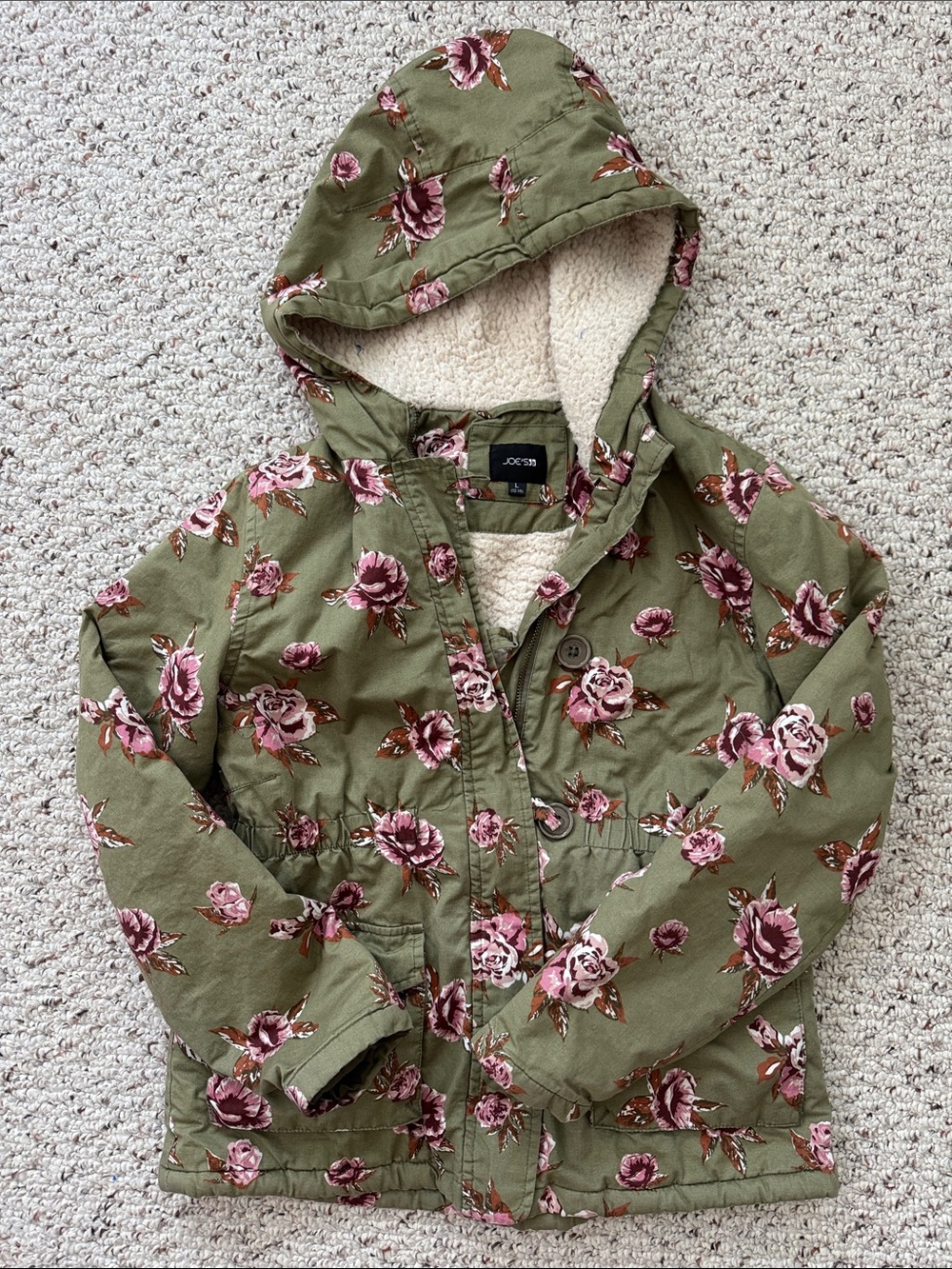 Joe's Jeans Olive Green Floral Hooded Jacket with Pink Roses